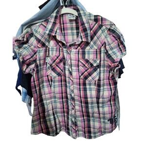 Harley Davidson Button Up Shirt Womens Xl Pink Plaid Embroidered Studded - HD
